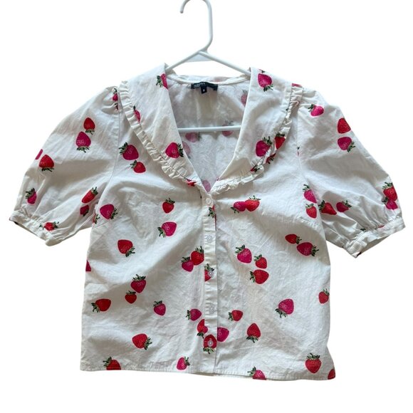 Nobody's Child Organic Cotton Strawberry Print Button Blouse Sailor Collar Sz.4 - Picture 2 of 11